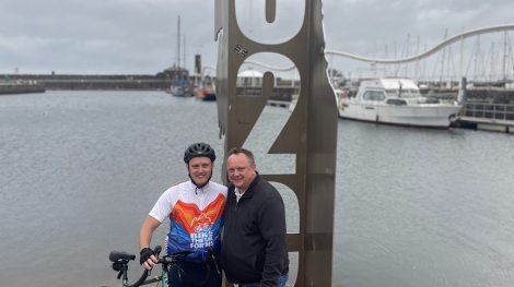 Daniel with his father before his Sea to Sea cycle for MS